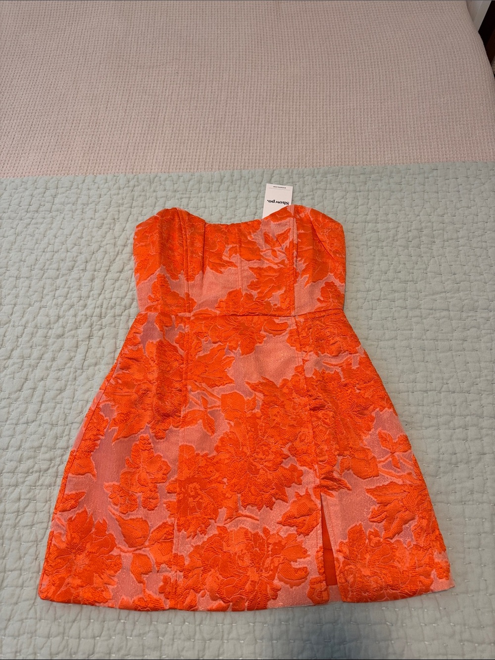 Showpo Bradley Orange Floral Jacquard Strapless Mini Dress